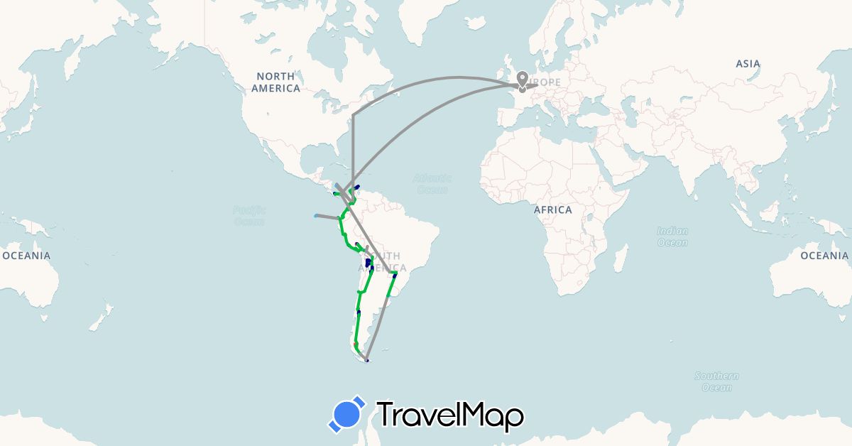 TravelMap itinerary: driving, bus, plane, train, hiking, boat in Argentina, Bolivia, Brazil, Chile, Colombia, Germany, Ecuador, France, Panama, Peru, Paraguay, United States, Uruguay (Europe, North America, South America)